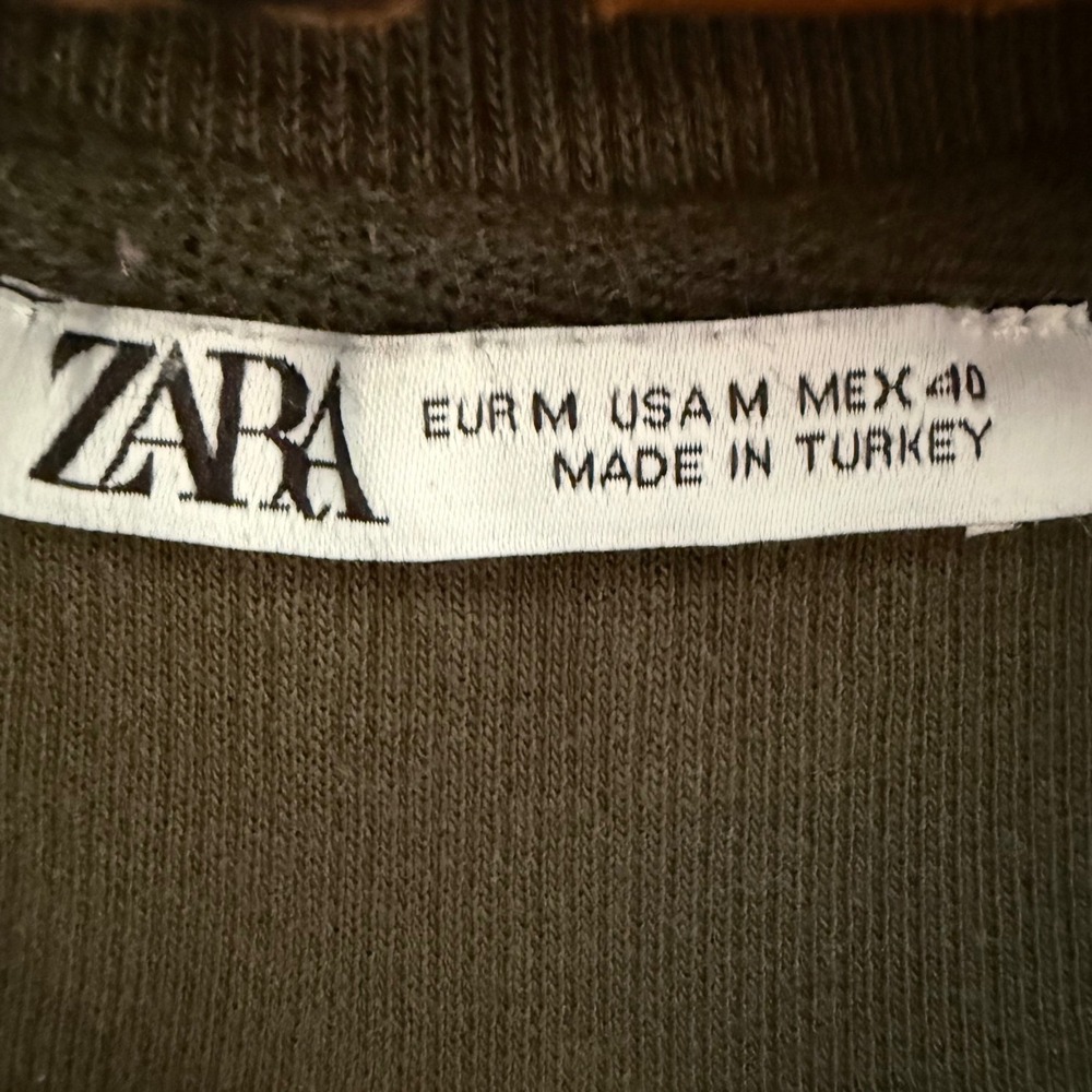 Zara Mens Olive Green Ribbed Cotton Short Sleeve T-Shirt Size Medium Relaxed Fit - Picture 2 of 4